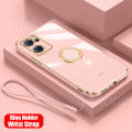 For Realme 9i Back Cover with Ring Holder Stand + Wrist Strap Shiny Plating Square Bumper Protective Case Soft Silicone Shockproof Mobile Phone Cases. 