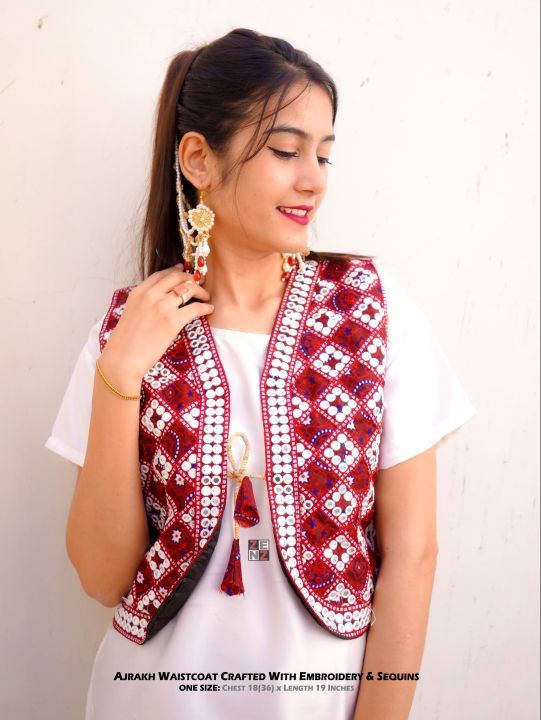 Sindhi Saraiki Multani Ajrak Traditional Cultural Wear Embroidered Waist Coat Koti for Girls & Women by Zenz Pakistani Handicrafts
