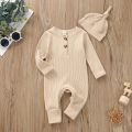 Infant Baby Jumpsuit and Hat Set, Solid Knit Ribbed Long Sleeve Crew Neck Button Romper One-Piece Clothes. 