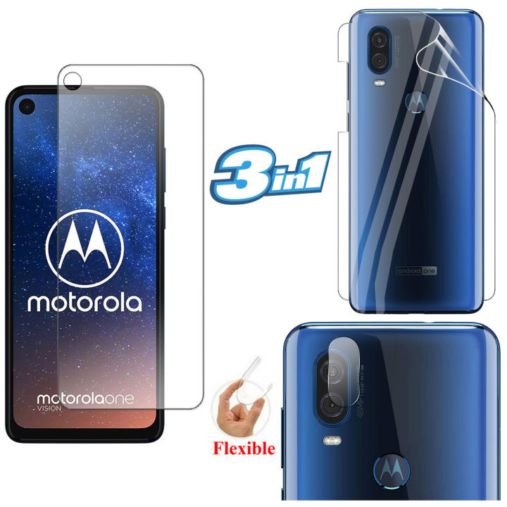 Motorola One Vision Unbreakable Gorilla Matte Flexible Nano Glass Premium High Quality Screen Protector + Back Protector Transparent Hydrogel Soft Film jell Protection + Back Rear Camera Protector 9H Gorilla Flexible Protection For Motorola One Vision