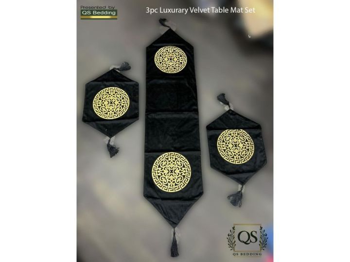 3 Pcs Table Runner set in Velvet Motif Design - Black