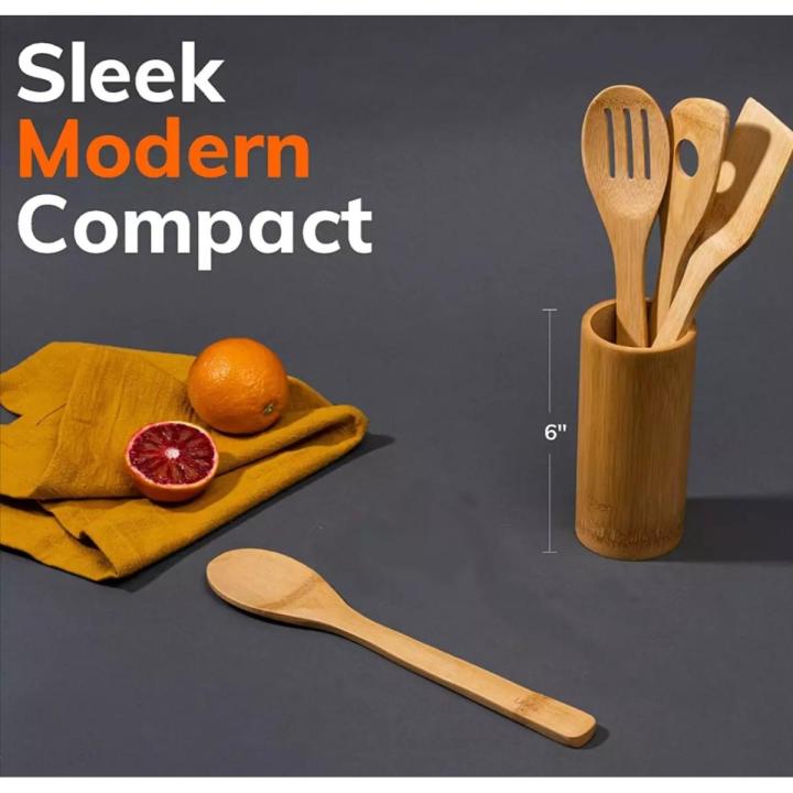 Wooden Spoons For Cooking 4 Piece Organic Bamboo Utensil Set With Holder Wood Kitchen Utensils Spatula Spoon For High Heat Stirring In Nonstick Pots & Pans Quality Gift & Everyday Use