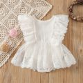 Infant Girls Romper Tutu Skirt, White Fly Sleeves Round Neck Lace One-piece, 0-18 Months. 