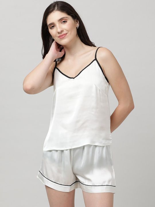 White Shoulder Straps Cami & Shorts Nightsuit For Women. AF-037WHT