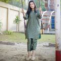 Lush CHECK STRIPS PRINT / Chunri Steam Printed 2 Pcs Stitched Ladies Suit with Same Trouser / For Women And Girls.. 