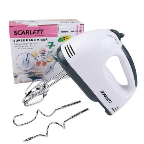 Scarlett 7-Speed Electric Hand Mixer with 4 Pieces Stainless Blender, Egg Cake/Cream Mix, Standard, White