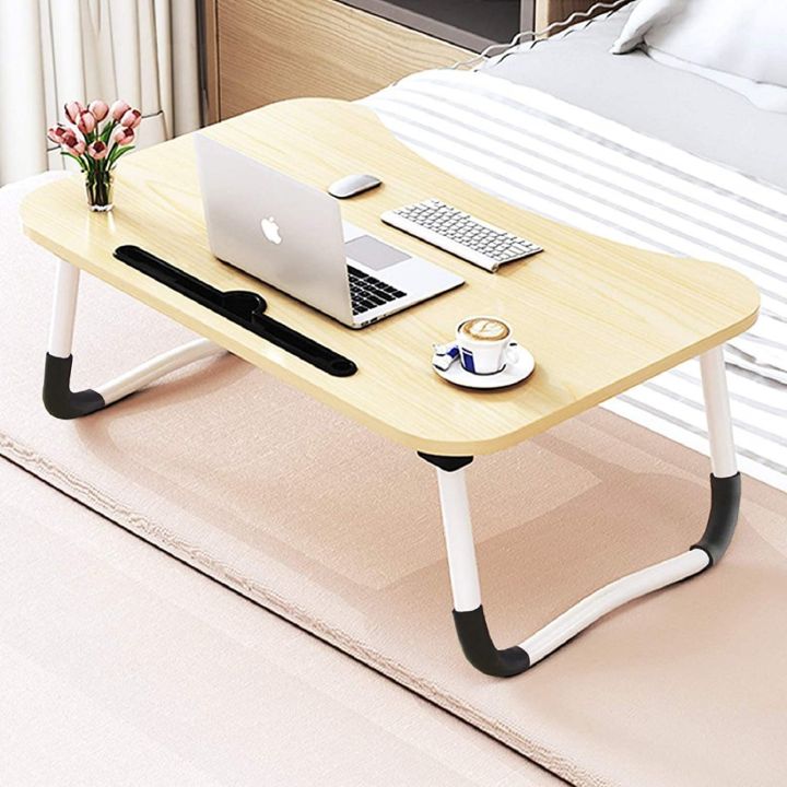 Beautiful Wooden Portable Laptop Table & Study Foldable Dormitory Bed Laptop Desk Book Reading Tray Cup slot Bed Table For Computer Notebooks