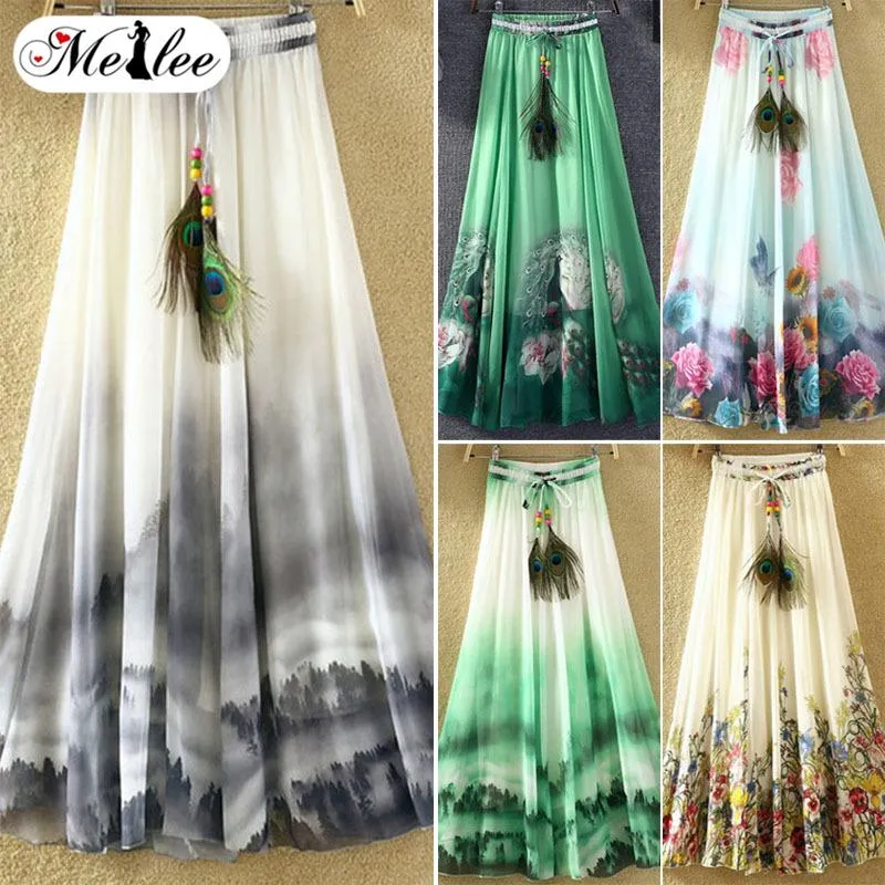 ALLGOOD Womens Floral Bohemia Chiffon Maxi Long Skirt Elastic Waist Summer Beach Dress Loose Casual Daraz.pk