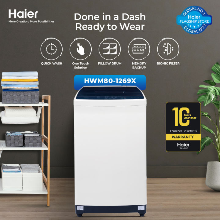 HWM 80-1269X-Haier-8 kg-Fully Automatic-Top Loading Washing Machine-Pillow Drum-Quick Wash-Dual Lint Filters-10 Years Warranty