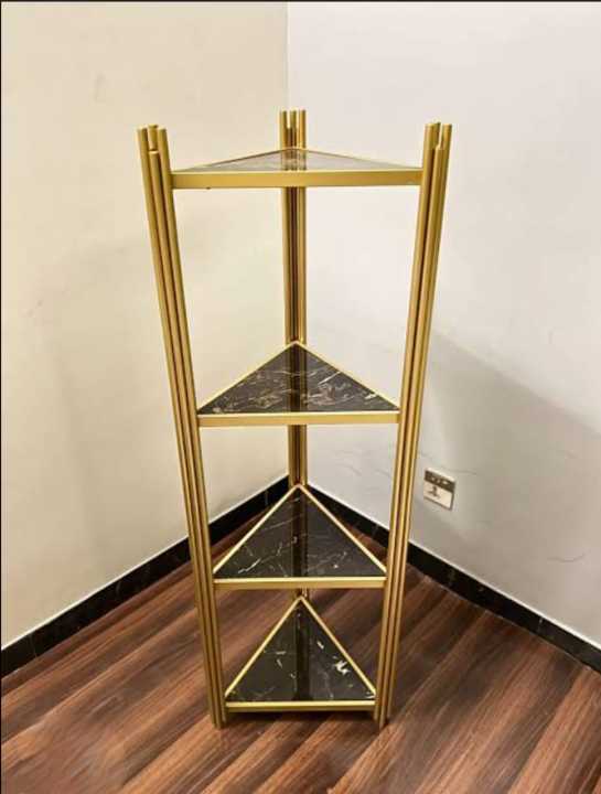 4 Tier metal corner stand/ console shelves gold for elegantly showcasing your precious decor articles