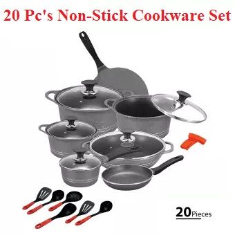 20 Piece Non-Stick Cookware Set with Glass Lids Heavy Duty Finest Marble Non-Stick Coating Cookware Set, Pots and Pans Set Non-Stick Tawa Frying Pan Sauce Pan Cooking Pan Wok Spoons Set