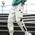 Sunnyheart Men Cargo Pants Side Pockets Stretchy Waist Drawstring Strap Decor Ankle-banded Jogger Pants Daily Clothes. 