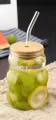 Ribbed & Round Tumbler Can Ring Glass Sipper, Juice Bow Glass,with Glass Straw, Square Glass Mug/ Transparent Coffee Mug Wooden lid Fruit Juice Milk Cup Glass. 
