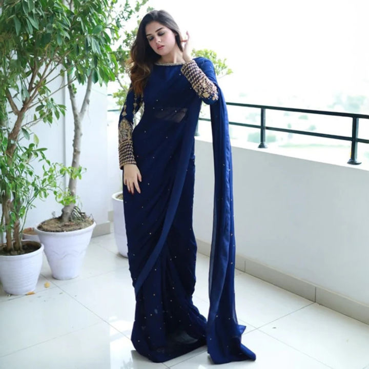 Stylish Embroidered Chiffon Saree for Women with Blouse and Petticoat,  Wedding and Party Wear, One Size, Stitched