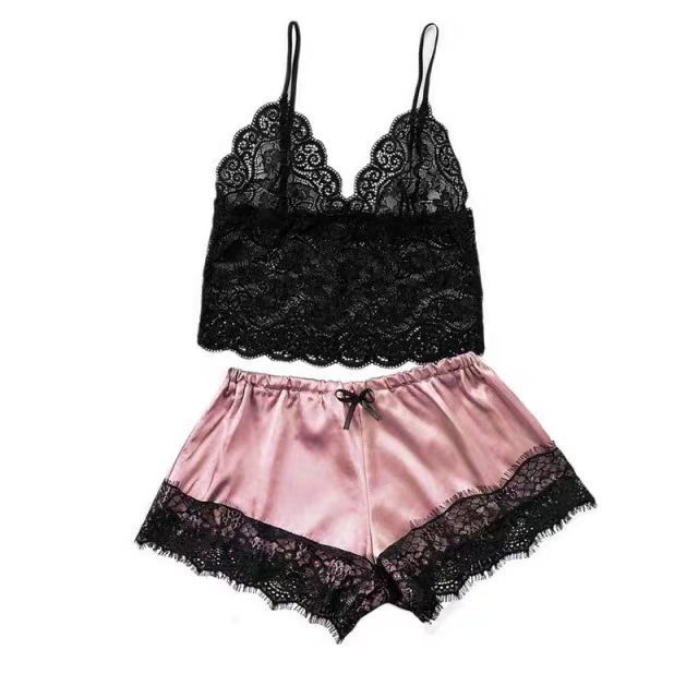 Women Lace Pajamas Nightclothes Black PINK L XL XXL V Neck Low Cut Lace Top And Ice Silky Shorts