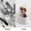 Upgrade your vanity with our Makeup Brush Holder – a sophisticated 360° Rotating Organizer. The clear cover and 5 compartments add glamour to your cosmetics storage, keeping essentials organized with ease. Elevate your beauty routine!. 