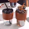 380 ML ‎Leak Proof Glass Tumbler with Straw and Lid Slub Glass | Leather Protective Sleeve | Reusable Cup with Straw | Iced Coffee Cup | Direct Drinking Mouth Dual Use. 