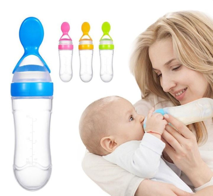Silicone Spoon Feeder For Babies - Squeezable Baby Feeder - 90ml Silicone Baby Feeding Bottle With Spooon Newborn Infant Squeeze c Toddler Food Supplement Rice Cereal Bottle Milk Feeder