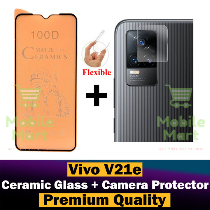 Vivo V21e Ceramic Matte Protector for PUBG Gaming Unbreakable Antishock Hybrid film 9D/11D/21D Temper Fiber Nano Sheet Glass + Back Rear Camera Protector 9H Gorilla Flexible Protection For Vivo V21e