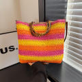Straw Handbag Casual Multicolor Woven Tote Bag Retro Striped Shoulder Bag for Beach Holiday Commute Women. 