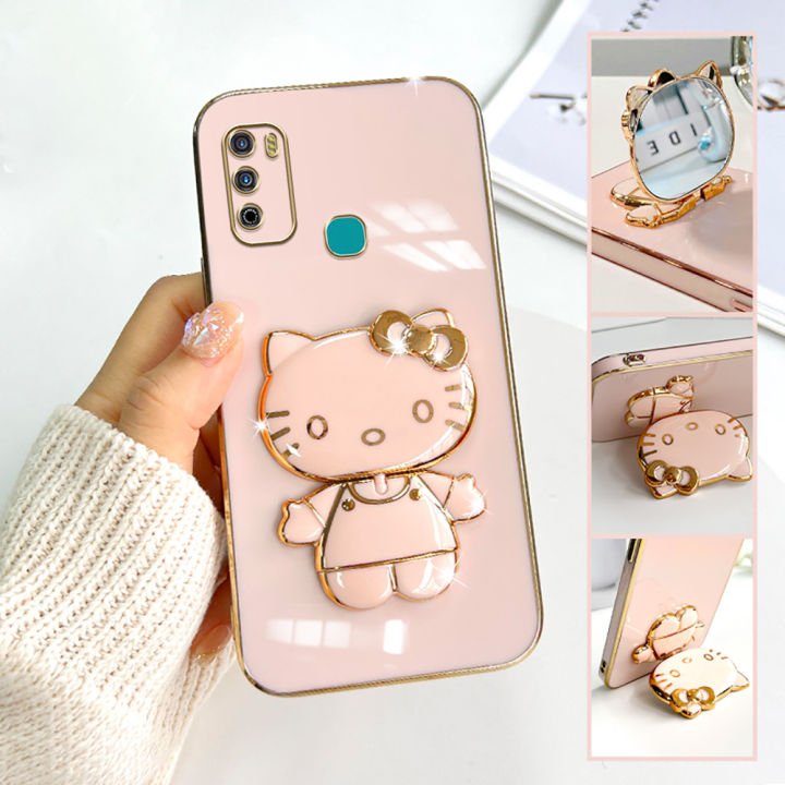 Hontinga for Infinix Hot 9 Play Back Cover + Makeup Mirror Lovely Folding Bracket Case For Gilrs Luxury 6D Plating Soft Silicone Phone Cases