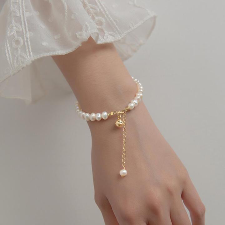 WANTME 925 Sterling Silver Elegant Natural Baroque Pearl Bell Chain Bracelet for Women Simple Wedding Party Jewelry Accessories