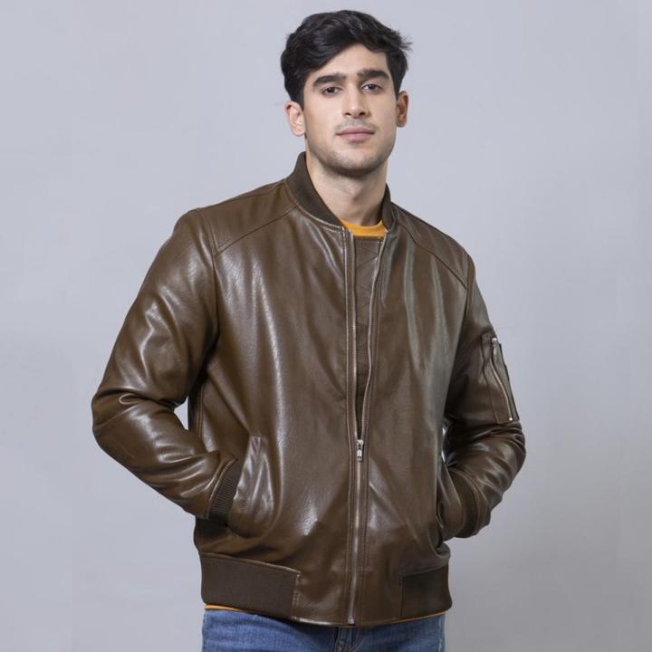 PU Leather Brown Bomber Jacket for Men Awi 120 Elevate Your Style with Our PU Leather Brown Bomber Jacket Fashionable Trendy Premium Quality