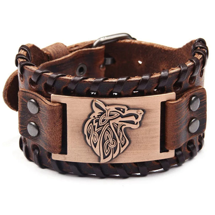 Men's Stainless Steel Wolf Head Bracelet - Genuine Blue Braided Leather, 22cm (8.66") - View #4
