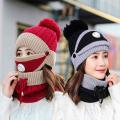 3 in 1 Winter Knitted Beanie Hat Face Neck Warmer Set for Women Girls Fleece Lining Ski Caps with Pompom. 