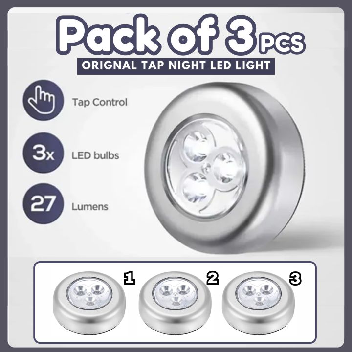 [PACK OF 3 ] Tap Light Led tap touch light Stick-on Push Button Touch Lights | 3 LED Push Touch Lamp | Wardrobe Light | Kitchen Cabinet Closet Night | 3 x lights white color