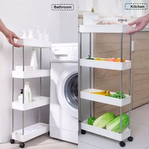 Kitchen Storage Trolley, Plastic Serving Rolling Cart Basket Tray with Wheels, for Bedroom Bathroom Office