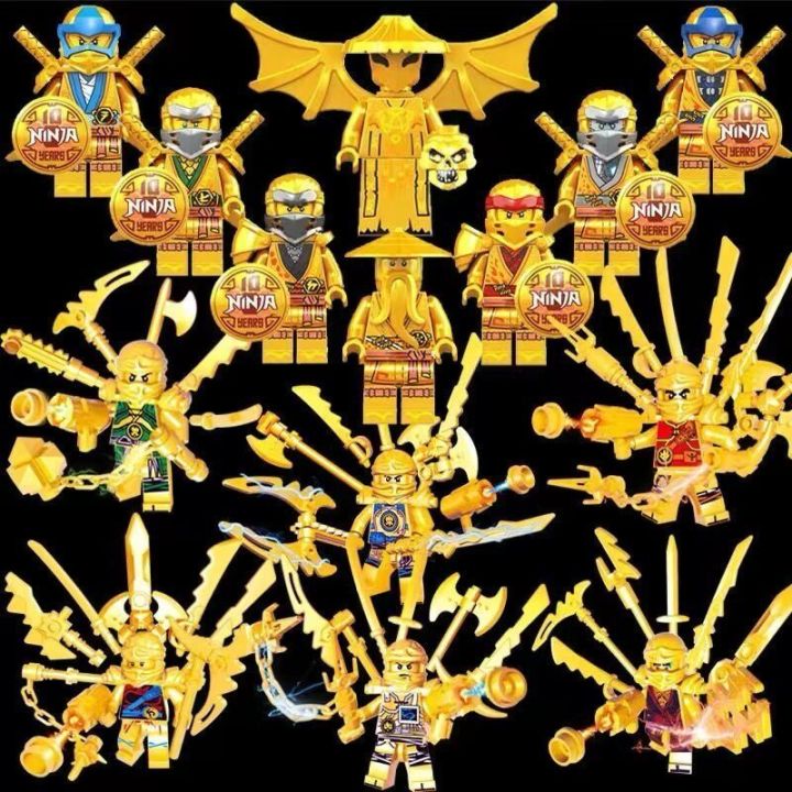 10th Anniversary Gold Edition Ninja Motorcycle Masters of Spinjitzu Jay Cole Kai Zane Lloyd Mini Figures Building Blocks Kid Toy