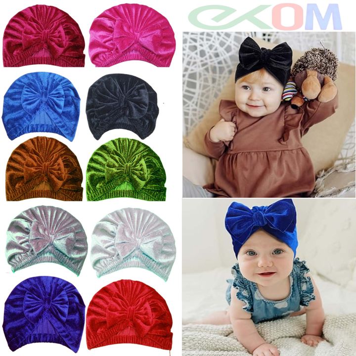 Baby Velvet Caps Newborn - Baby Girl Caps Bow Knot - Soft and Stretchable Head Wrap - Handmade with Fully Covered Head