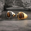 New Stylish Signet Rings for Men, Male Pinky Ring with Tiger Eye Stone Agate ,Gold Color Stainless Steel Metal Jewelry Not Fade. 