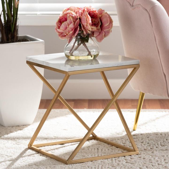 Gold Side Table, Metal Rectangle End Table Modern Sofa Side Table with MDF Top & Gold Frame Bedroom Nightstand - White Small Accent Table for Living Room Home Décor