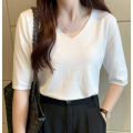 Women V Neck Blouse Casual Loose Half Sleeves Tops Fashion Solid Color Pullover Breathable T Shirt. 
