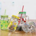 Multicolor Heat Resistant Fruity Glass Mason Jar Mugs Fruit Juice Cups with Lid and Straw For Milk, Milkshakes Juices 480 ml. 