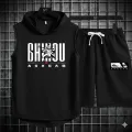 5 Ú Black Vinyl Dumble Printed Gym Summer Hooded Sleeveless Tracksuit for Mens (Hooded Tshirt + Trouser ). 