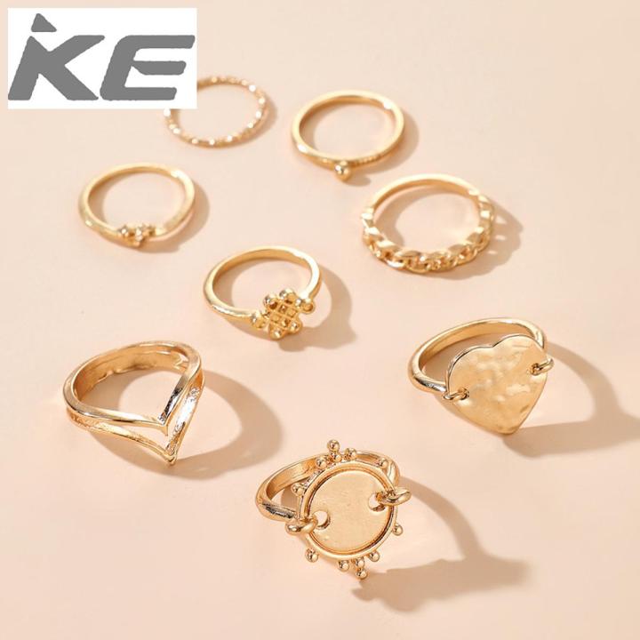 Gold Ring Round Heart Chinese Knot Ring Geometric Chain Heart 8 Piece Rings for girls for women low price
