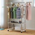 Multipurpose & Adjustable Stainless Steel Double Pole Cloth Hanger with 2 shelves for Floor Type Clothes Hanging & Drying purpose for Laundry & Bedroom | Stainless Steel | Single Pole or Double Pole. 