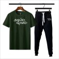 olive green & black printed summer tracksuit for men. 