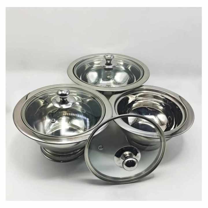 Durable Made Set OF 3 Stainless Steel Glass Lids Curry Serving Dishes Donga Set Salan Donga Set 800ML,900ML,1000ML Silver-Basic Kitchen Gadgets