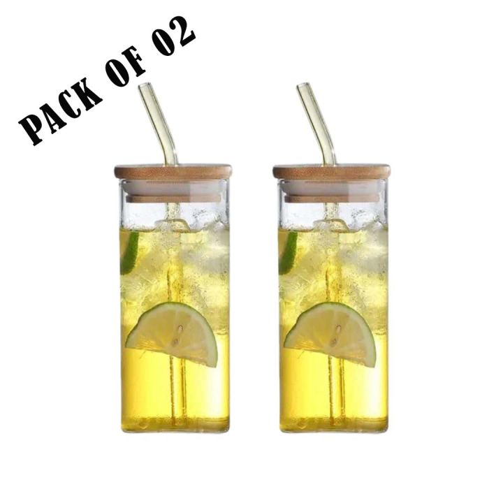 Glass Cup with Straw and Bamboo Lid - Reusable Glass Jar for Iced Coffee, Milk & Cocktail Tumbler, Boba Bubble & Smoothie Cup, Mason Jar - Water Set - Cup for Tea, Coffee Mug - Juice Glass with Straw, Drinkware & Glassware Cold Coffee Cups, Mugs & Saucers