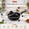 Deep Non Stick Frying Pan 26cm with Glass Lid Aluminum Cooking Pan Black Kitchen Cookware. 