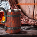 Stainless Steel Mug Viking Style Wooden Barrel Cup Vintage Coffee Mugs Double Wall Drinking Cups Kitchen Supplies. 
