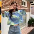 Women T-shirt Fashion Tie-dye Printed Short-sleeved Pullover Loose Contrast Color Crop Top. 