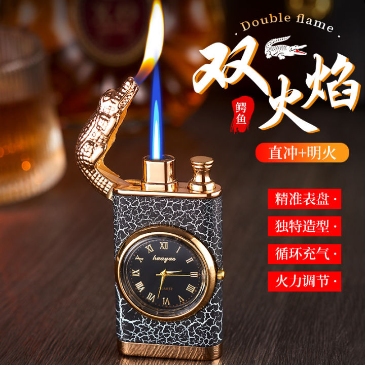 Personalized Dual Fire Switch Lighter with Quartz Watch Metal Inflatable Windproof Blue Flame Crocodile Head Lighter