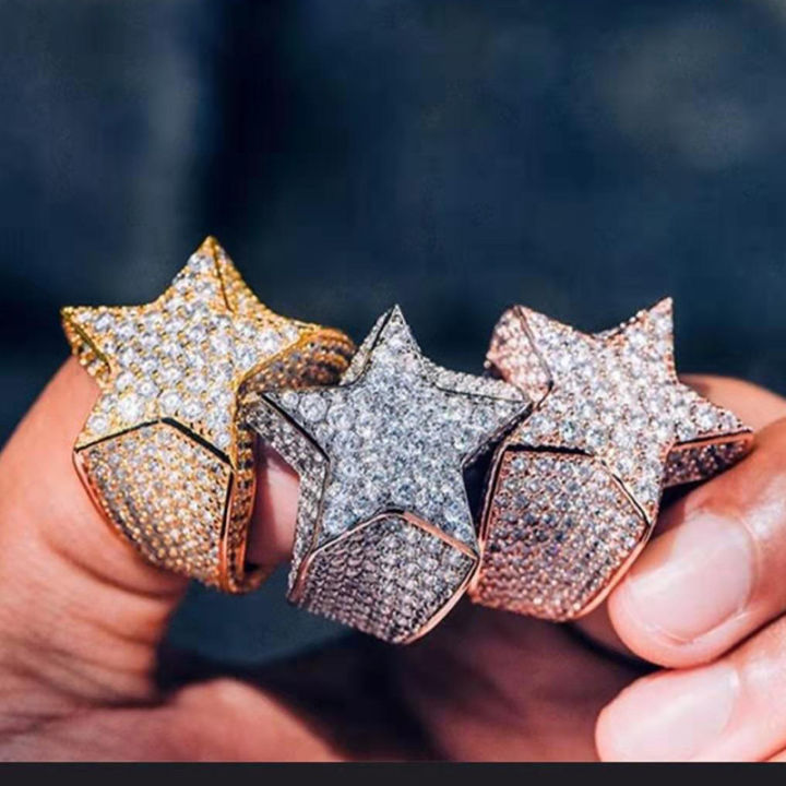 luxury Iced Out Hip Hop Five-pointed Star Rings 18K Gold Plated Women Men Finger Ring Wholesale Rapper rhinestone ring Jewelry
