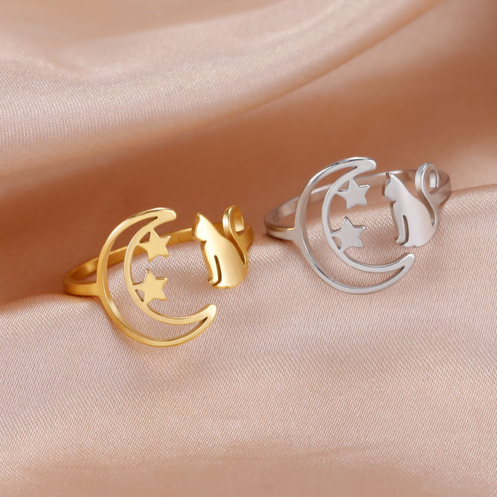 Skyrim New In Women's Crescent Moon Star Cat Ring Stainless Steel Fashion Cute Animal Open Finger Rings Jewelry Gift Wholesale