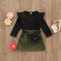 Baby Girl Clothes Set, Solid Color Long Sleeve Crew Neck Ruffle Tops + Elastic Waist A-Line Skirt + Pendant Bag. 